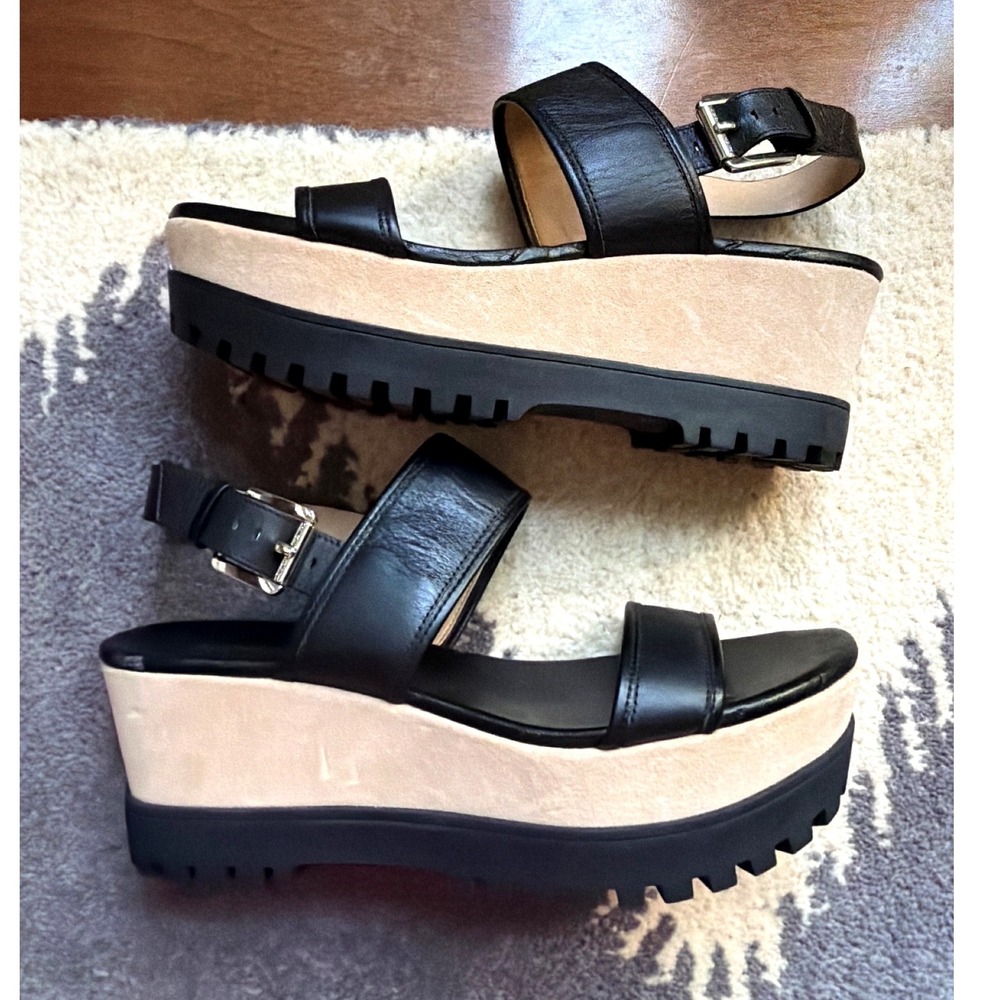 Michael Kors Platform Wedge Sandals Womens 8.5 Black Leather Lug Sole Edgy Y2K